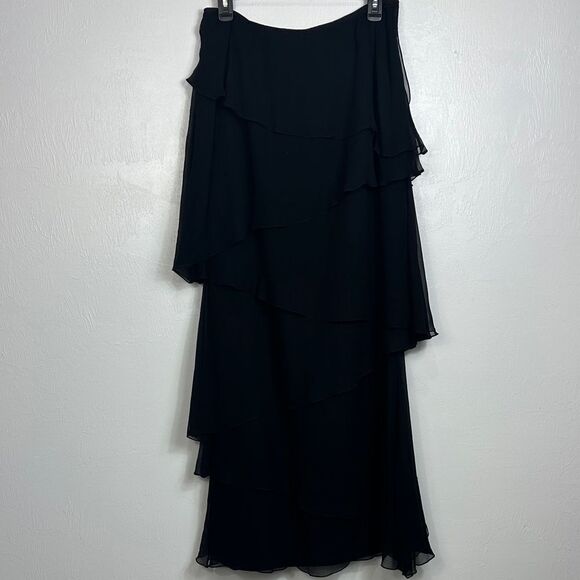 Teri Jon Silk Black Chic Layered Ruffle Side Zip Maxi Skirt Size 10 - Picture 1 of 8